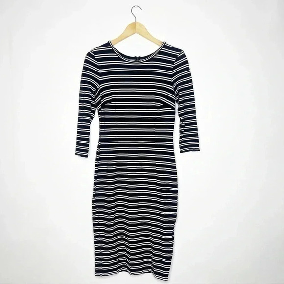 Ann Taylor Black White Stripe Dress MIDI Size Small - Picture 1 of 8